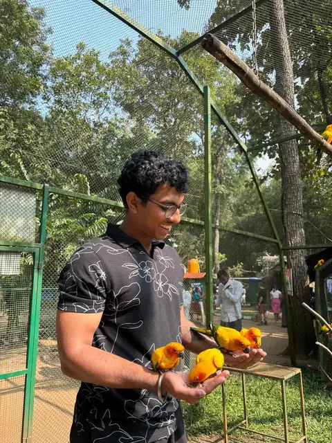 Meyshan smiling while gently feeding sun conures